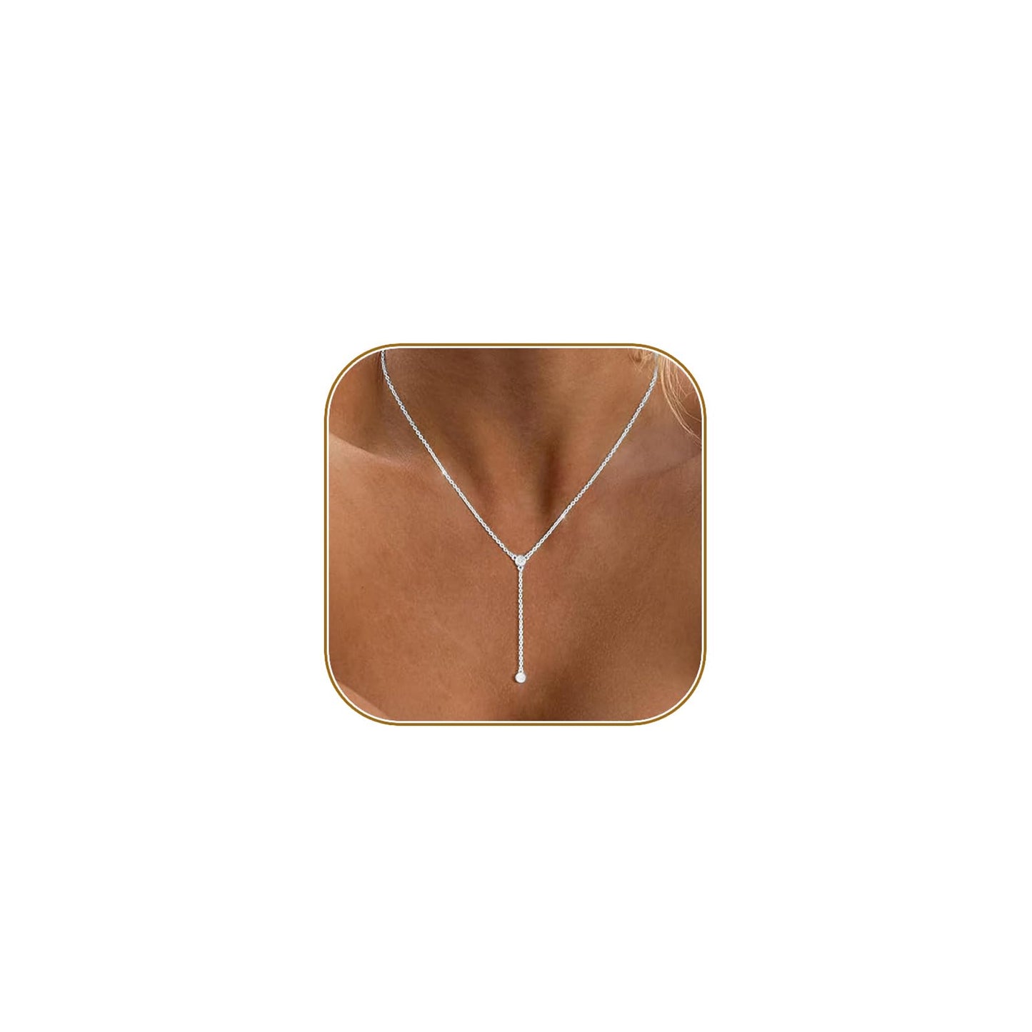 HERIER Lariat Silver Necklace for Women Silver Plated Dainty Long Y Necklaces CZ Pendant Drop Choker Necklace Trendy Simple Silver Jewelry for Women