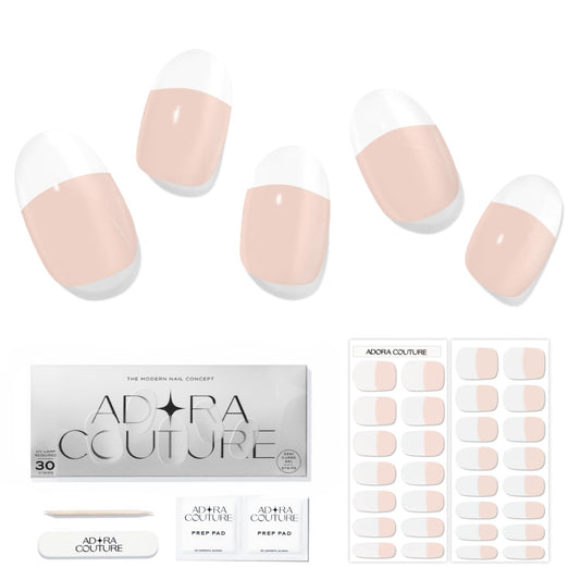 Adora Couture Semi Cured Gel Nail Strips with 30 Pieces - Salon Quality Manicure Kit for Women Easy Application Wraps Includes Prep Pads Nail File Wooden Stick, UV Light Required (Classic French)