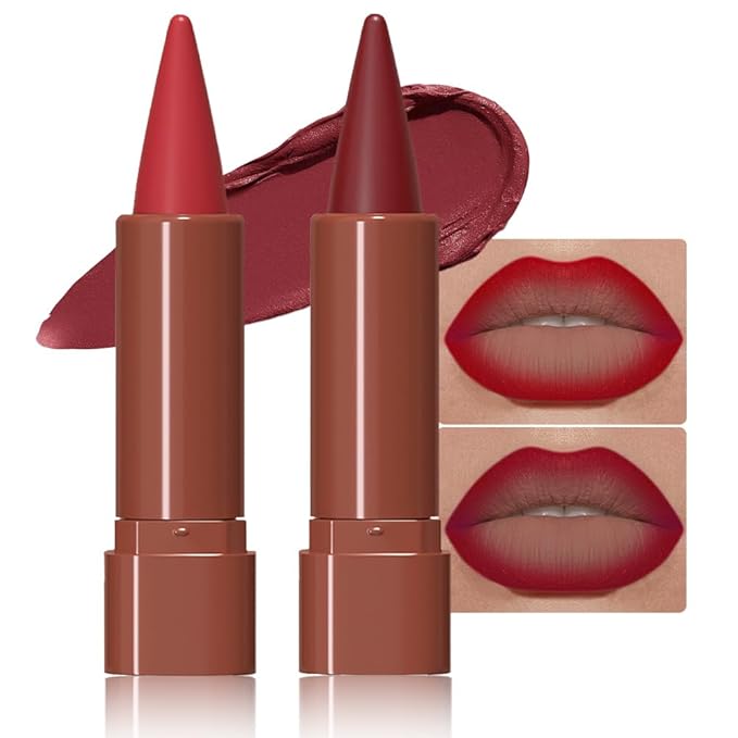 2Pcs Gradient Matte Lipstick Crayon Lip Liner pencil, Flawless Contour Gradual Ombre Effect lip Pencil, Lipstick for Women Long Lasting Waterproof Smudge Proof Lipstick Pencil 06#+07#