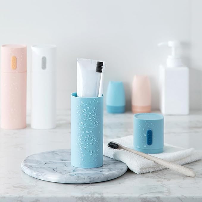 Travel Toothbrush Case Portable Toothbrush and Toothpaste Container Holder with Mouthwash Cup Oral cleaning Tools Organizer for Traveling Camping School Home (Blue and white)
