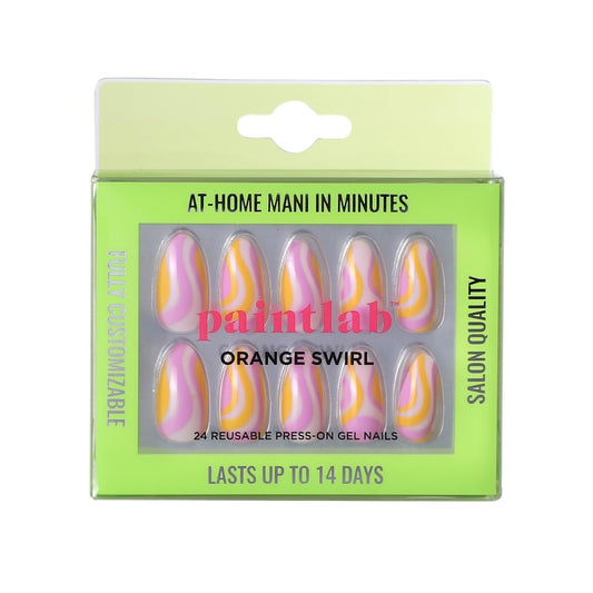PaintLab Press On Nails - Orange Swirl Almond Fake Nails, 24 Nails in 12 Sizes with Glue, Reusable Salon Quality Press On Nails