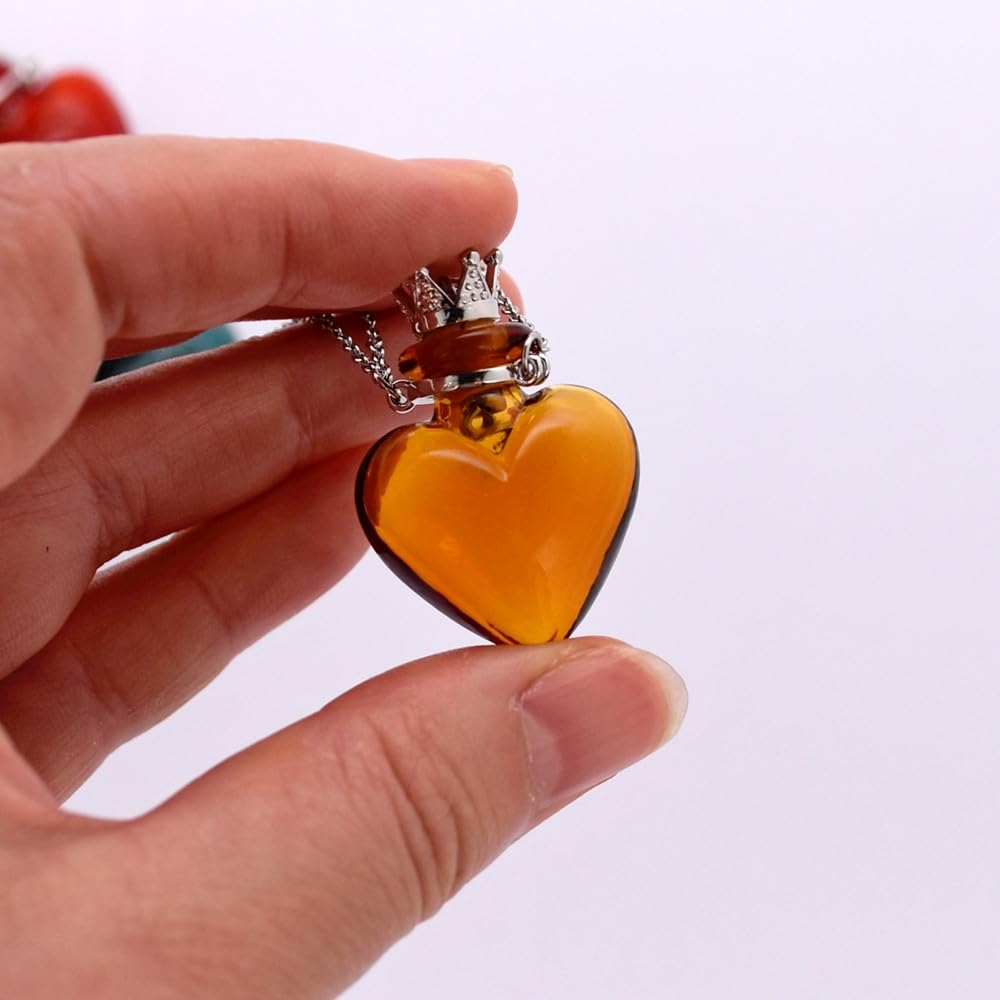 Glaze Glass Heart-Shaped Refillable Essential Oil Necklace Pendant - Aromatherapy Perfume Diffuser Pendant with Stainless Steel Chain (Brown)