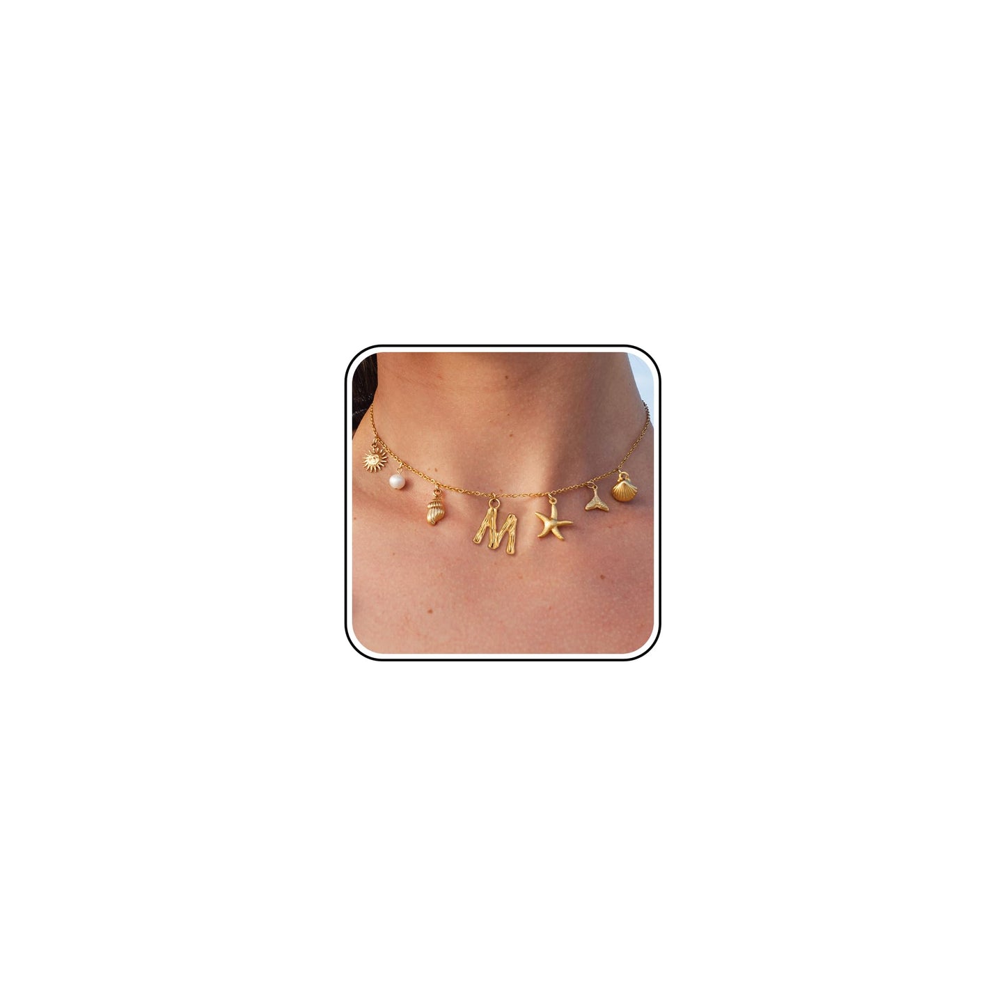 SLOONG Summer Accessories for Women - 14K Gold Plated Letter Neckalce Freshwater Pearl Necklace Choker Boho Summer Seashell Beach Starfish Surfer Jewelry Gifts for Women