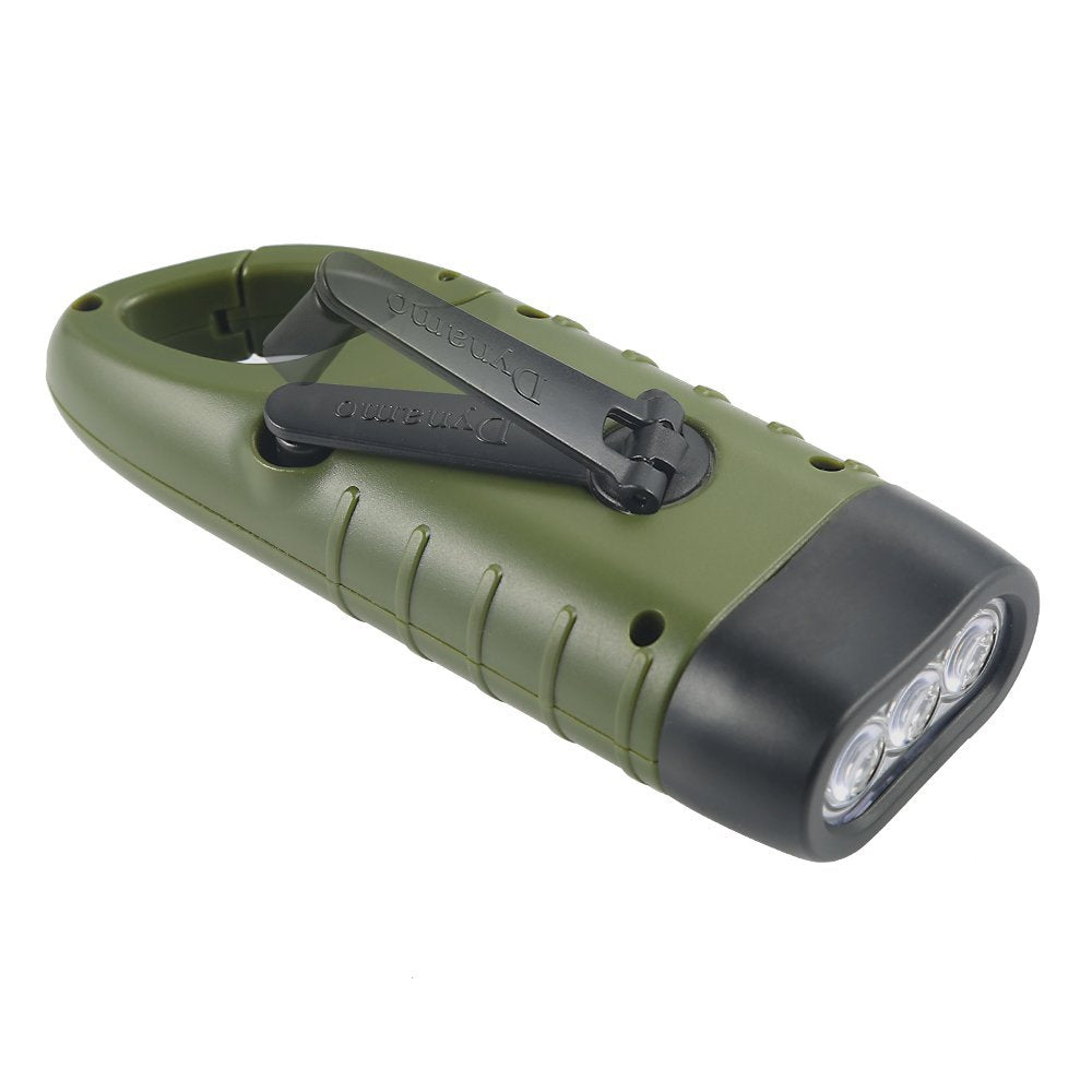 Simpeak 2-Pack Hand Crank Solar Powered Flashlight, Emergency Rechargeable LED Survival Flashlight, Quick Snap Carbiner Dynamo Flash Light Torch for Outdoor Sports, Green