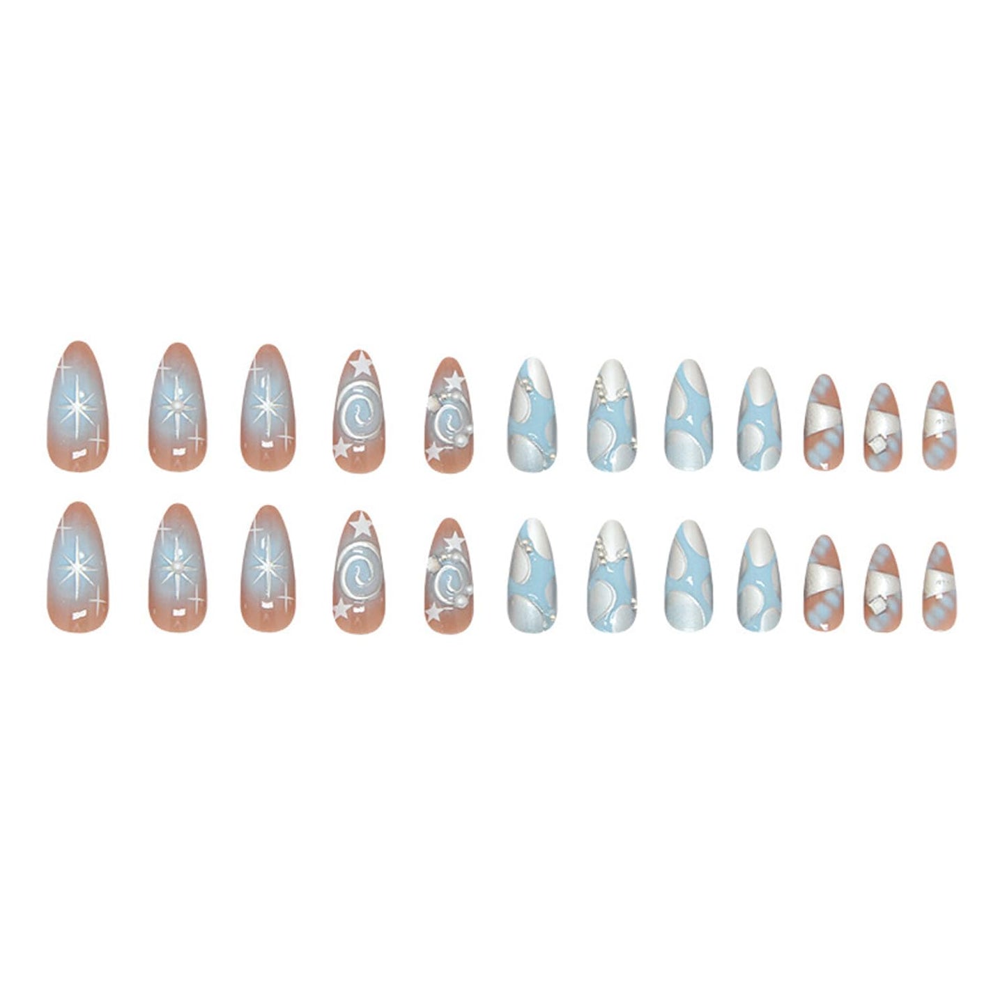 24Pcs Glitter Y2k Press on Nails Medium Almond Fake Nails Metallic Silver Star Irregular Lines Pearl Patterns French Press on False Nails Full Cover Glossy Acrylic Nails Stick on Goth Artificial Nail