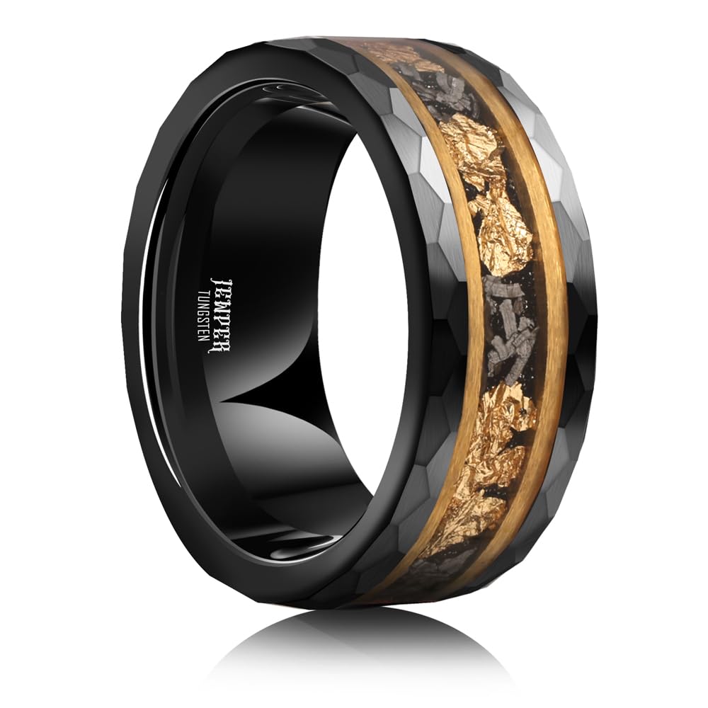 JEWPER 8mm Men Womens Wedding Band Tungsten Rings Gold Black Hammer pattern Fashion Promise Carbide Inlaid Gold Leaf Iron Filings Matte Finish Edge Comfort Fit size(13)