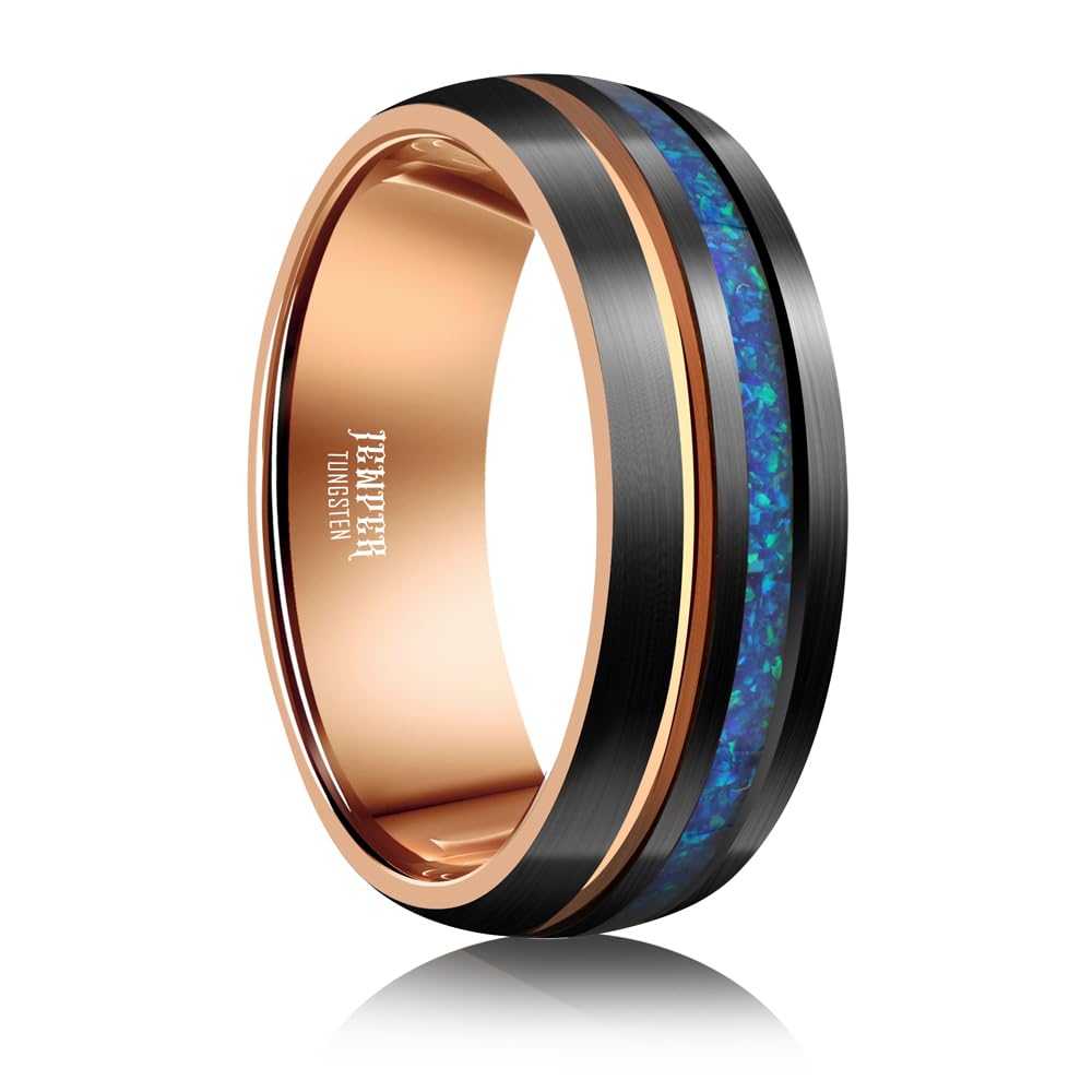 JEWPER 8mm Men Womens Wedding Band Tungsten Rings Black Blue rose gold Fashion Promise Carbide outer ring Inlaid Opal groove design Matte Finish Edge Comfort Fit Size(12)