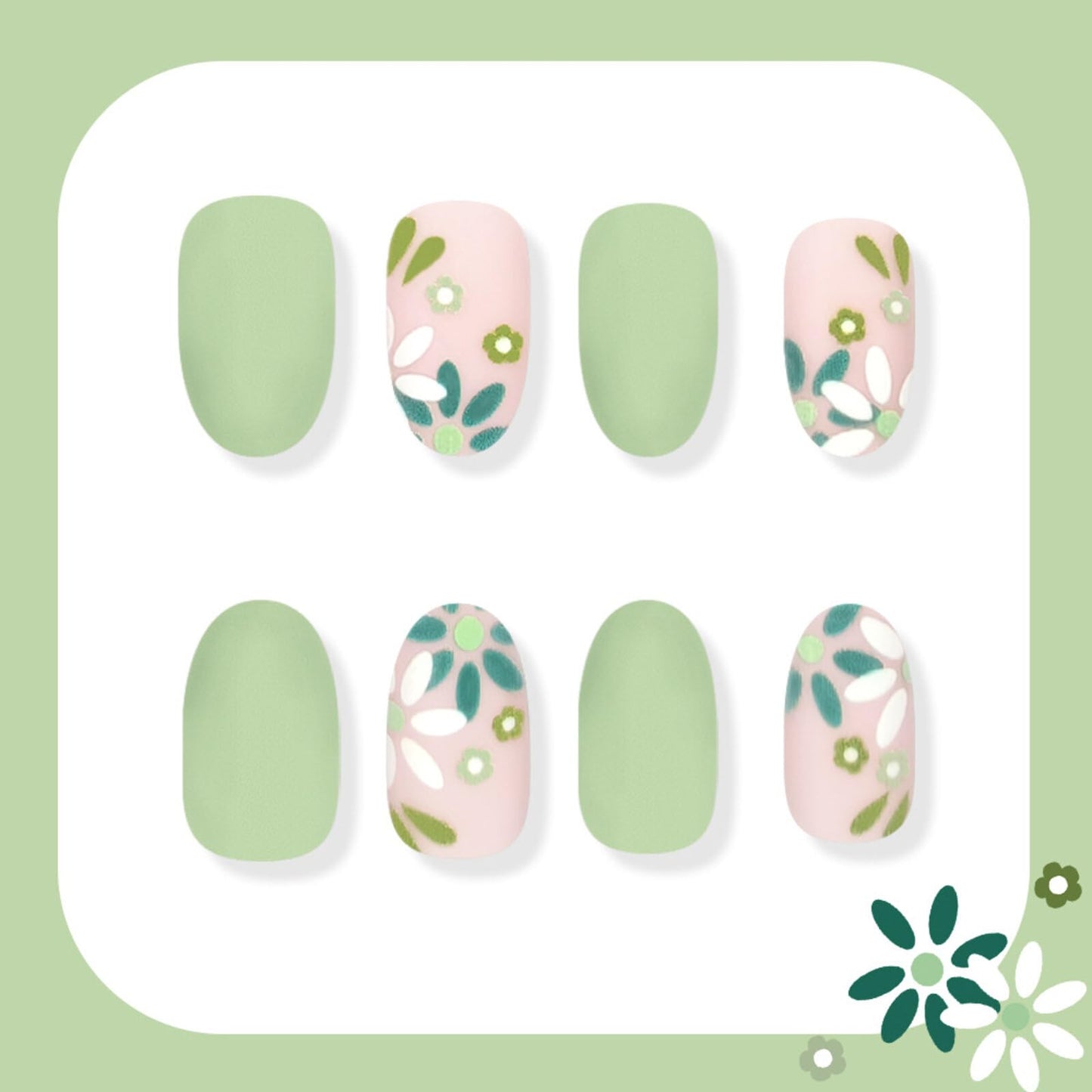 Pastel Floral Press on Nails Moderate Square Design Soft Nude & Mint Green Base with Dainty Floral Leaf Patterns Matte Finish Reusable Stick on Nails Suitable for Casual Looks Artificial Nails 24 Pcs
