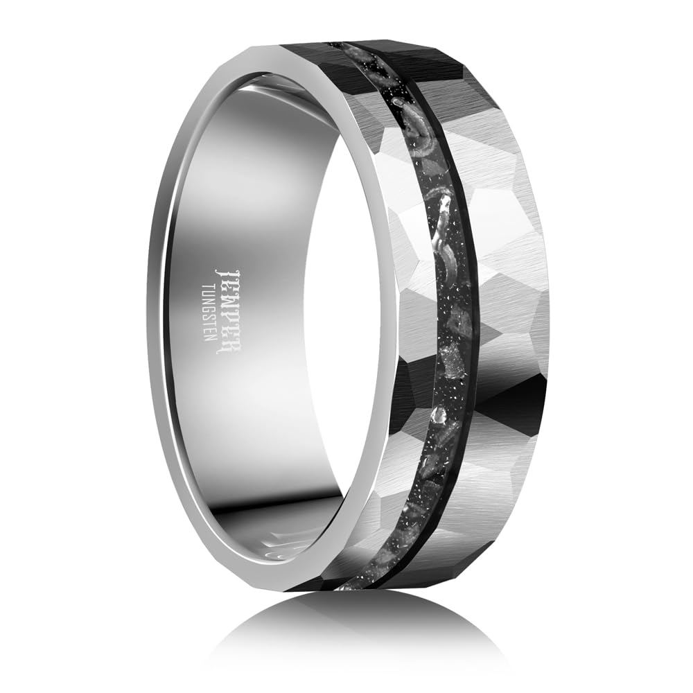 JEWPER 8mm Men Womens Wedding Band Tungsten Rings silver Hammer pattern Fashion Promise Carbide Inlaid Iron Filings Matte Finish Edge Comfort Fit size(12)