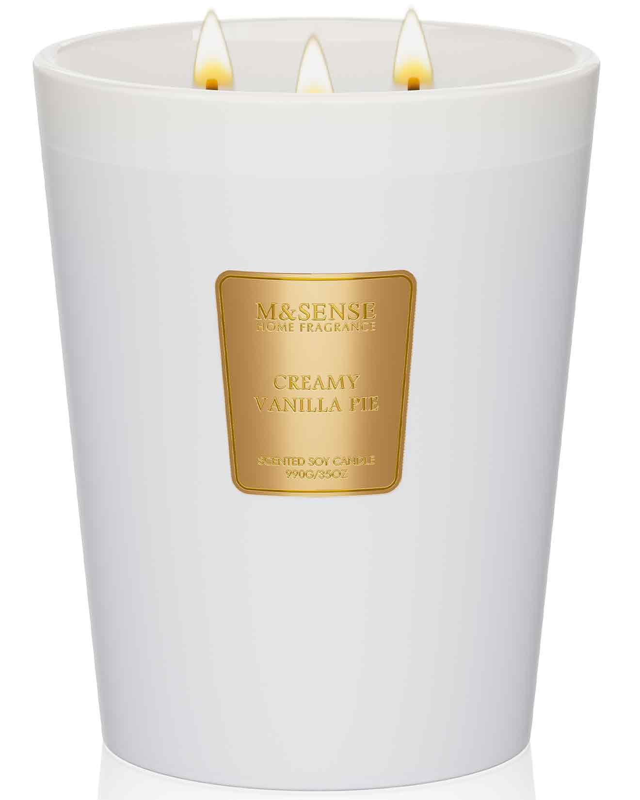 M&SENSE Extra Large Candle Creamy Vanilla Scented, 3-Wick 35oz 150H Long Lasting, Natural Soy Wax Aromatherapy Candle for Stress Relief, Home Fragrance Housewarming Gifts Candle for Home Decor