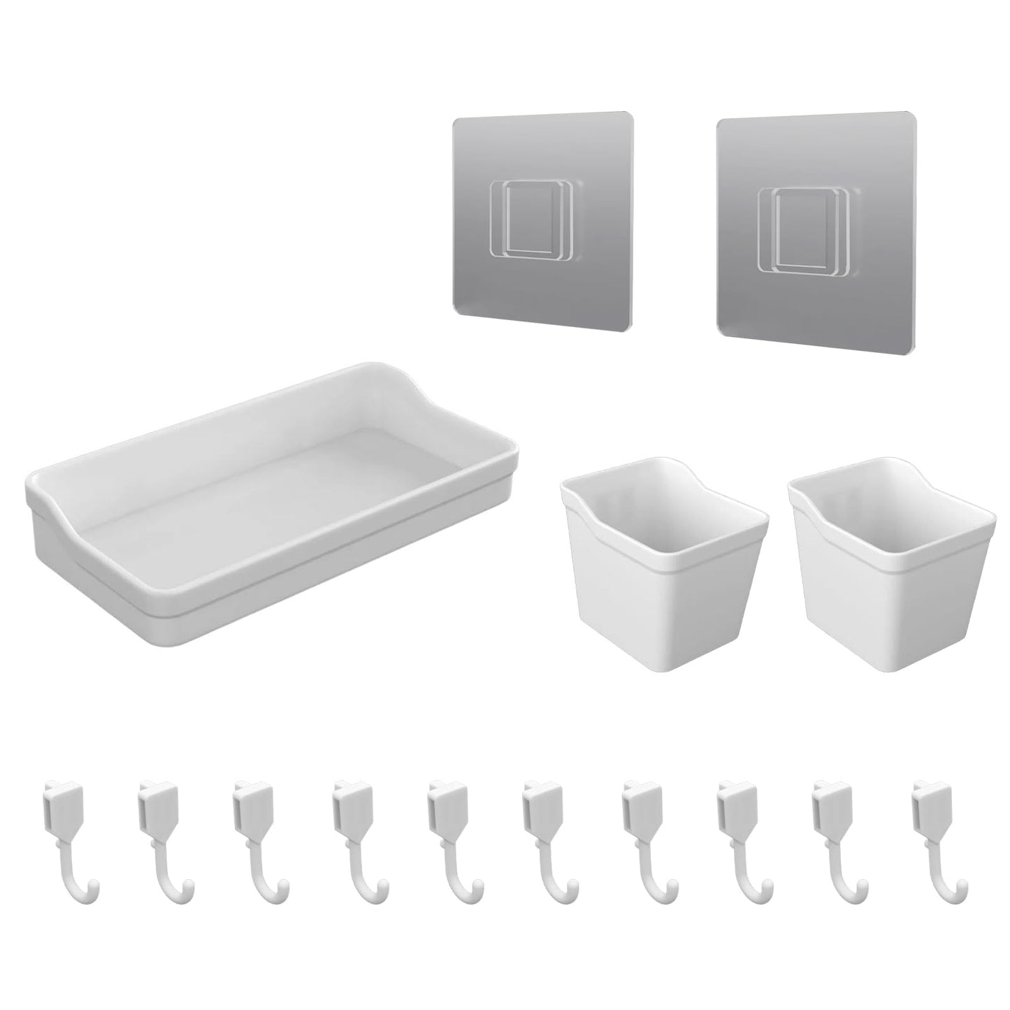 EVDBOBO Pegboard Wall Organization Accessories Pack - 25 Pieces of White Hooks, Storage Bins & Fastening Strips (White)