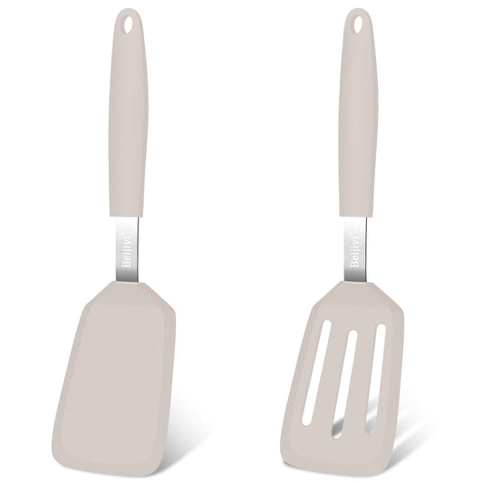 Beijiyi 2 Pack Silicone Spatula Set, 600°F Heat Resistant Spatulas for Cooking, BPA Free Kitchen Utensils, Solid & Slotted Flexible Turner for Non Stick Frying Pan, Flipping Eggs, Pancakes (Khaki)
