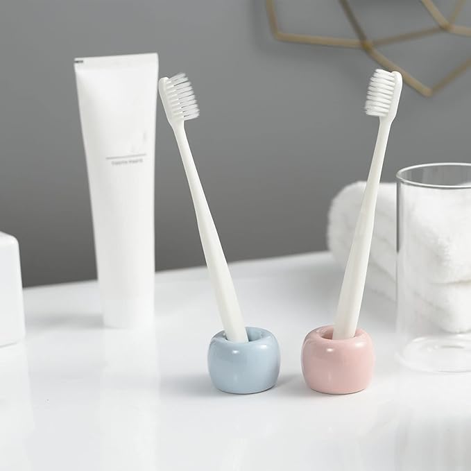Mini Ceramic Couple Toothbrush Holder, Hand-Made Bathroom Toothbrush Holder, Electric Toothbrush Head Holder and Office Pen Holder 2-Piece Set (Pink)