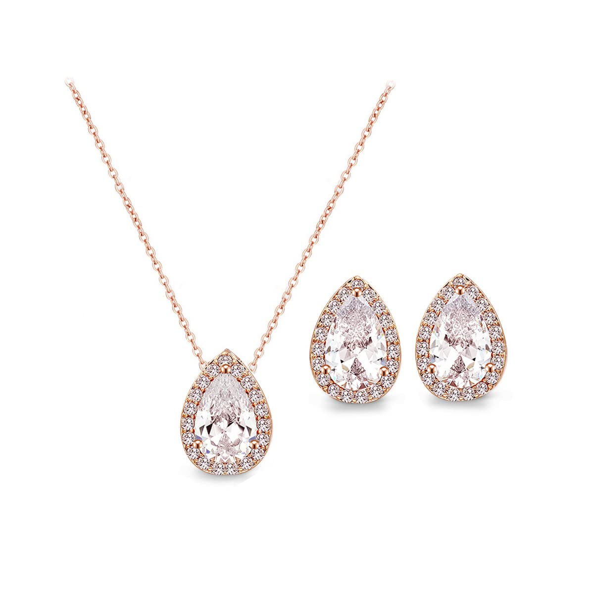 UDYLGOON Teardrop Cubic Zirconia Jewelry Set Necklace Earrings Bracelet Bridal Wedding Jewelry for Women Bridesmaid Prom Party (2 Set - Rose Gold Plated)