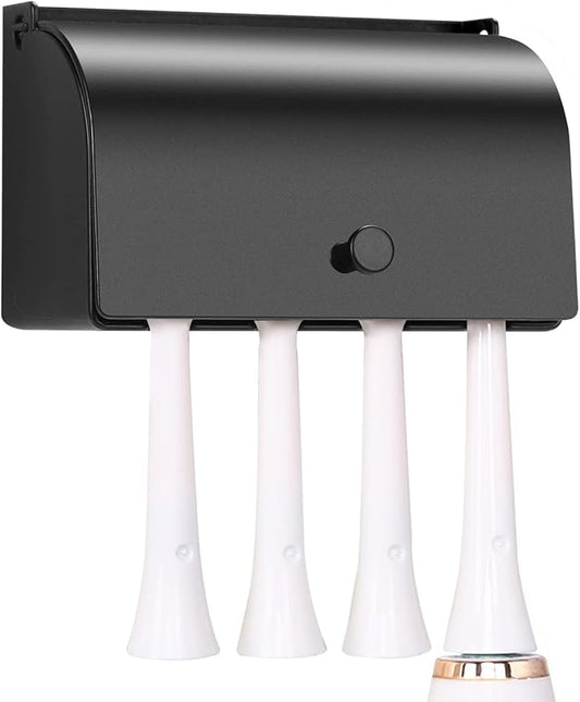 4-Slot Stainless Steel Toothbrush Holder with Cover - Wall Mounted, Dustproof, Self-Adhesive, Rustproof Bathroom Organizer for Toothbrush Storage (Black)