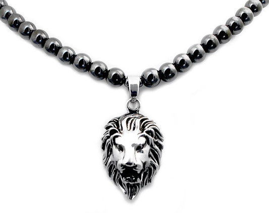 Accents Kingdom Men's Hematite Therapy & Healing Stone Round Bead Necklace With Stainless Steel Lion Head Pendant 24"