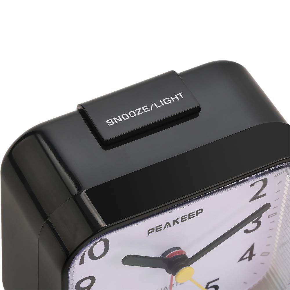 Peakeep Small Battery Operated Analog Travel Alarm Clock Silent No Ticking, Lighted on Demand and Snooze, Beep Sounds, Gentle Wake, Ascending Alarm, Easy Set (Black)