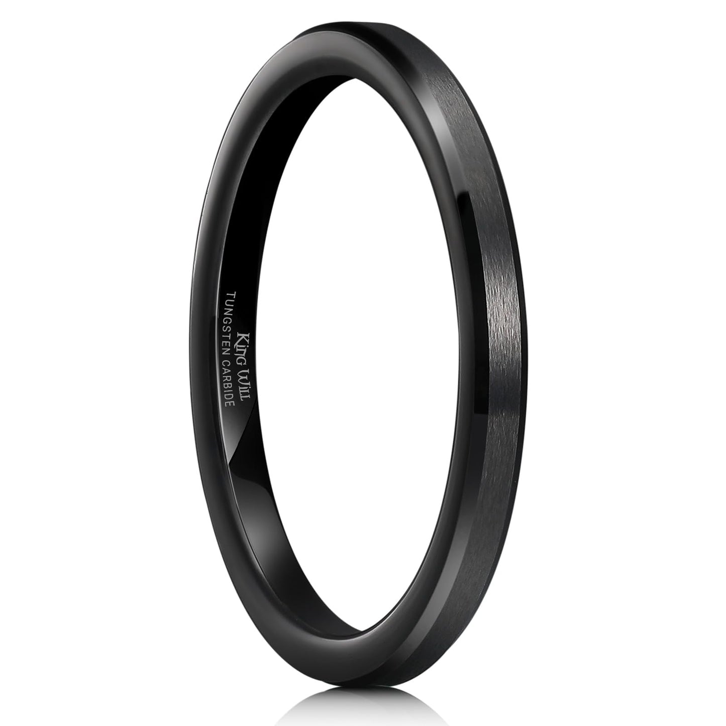 King Will 2mm Black Tungsten Men's Wedding Band - Brushed Matte Finish, Beveled Polished Edge, Comfort Fit Size 12