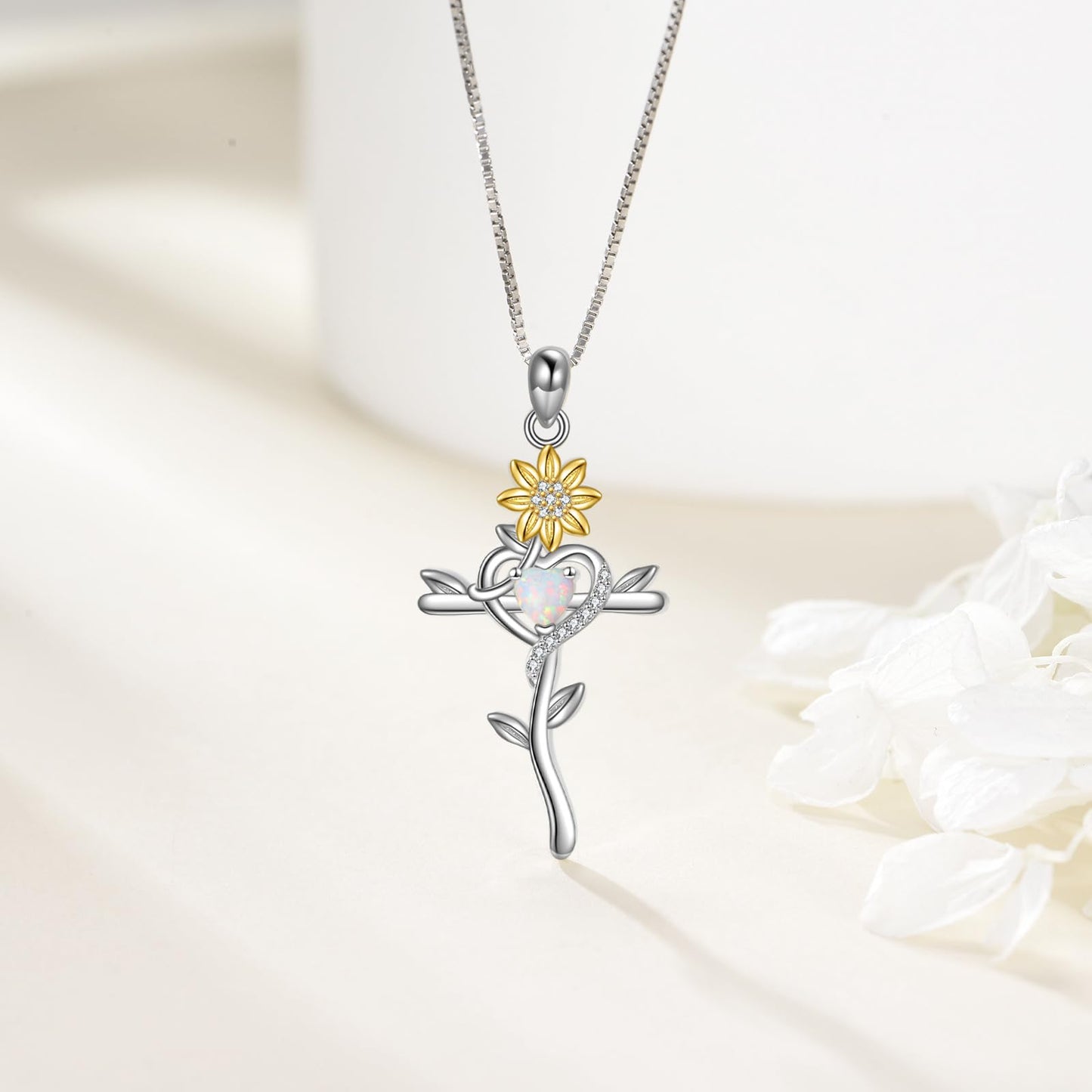 POPLYKE Cross Necklace for Women Personalized customization Sunflower Cross Necklace 925 Sterling Silver Opal Pendant Religious Jewelry Sunflower Gift for Her