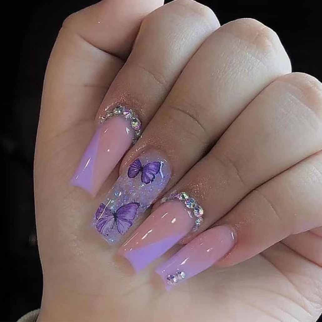 Foccna Purple Fake Nails Sequins Glitter Acrylic Butterfly Artificail Long Press on Rhinestone Nails, Purple Full Cover Fake Nails with Design Nail Tips for Women&Girls-24PCS