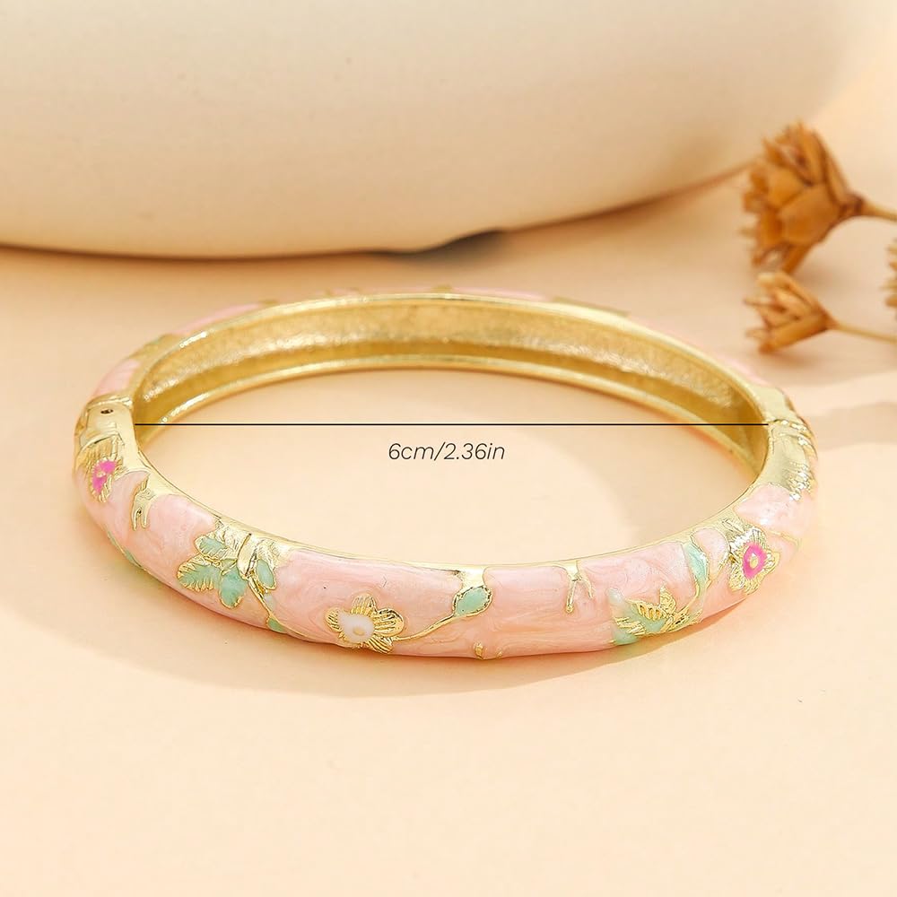 BlingNook Cloisonne Bracelet For Women, Chunky Bangle Trendy Cute Flower Enamel Bangles Multi Tone Engraved Cuff Gold Plated Bracelets Stackable Wife Jewelry Friendship Gift (Dark Green, One Size)