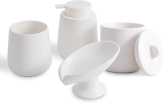 Ceramic Bathroom Accessories Set,Includes Liquid Soap Dispenser, Toothbrush Holder, Soap Dish, Cotton Swab Jar,Bathroom soap and Toothbrush Holder Set,Classic Design(White Set - Liquid)