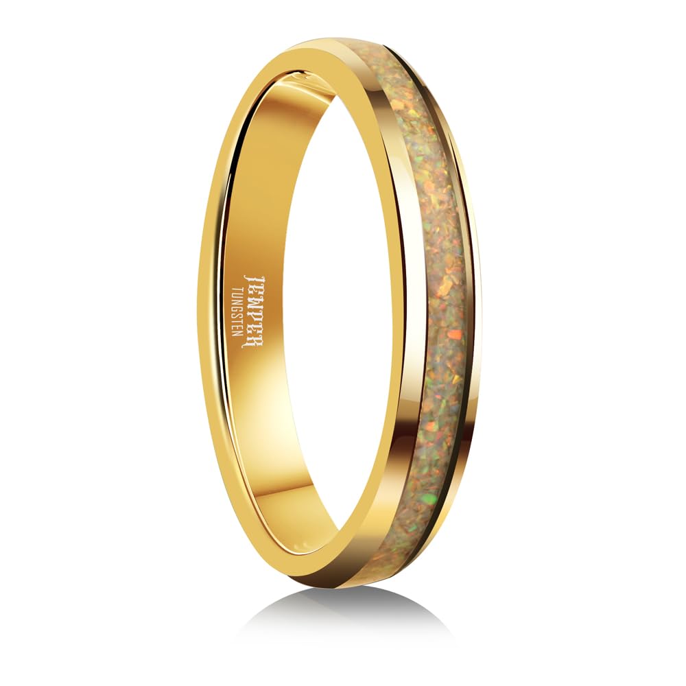 JEWPER 4mm Men Womens Wedding Band Tungsten Rings Gold Fashion Promise Carbide Inlaid White Opal Matte Finish Edge Comfort Fit Size(6)