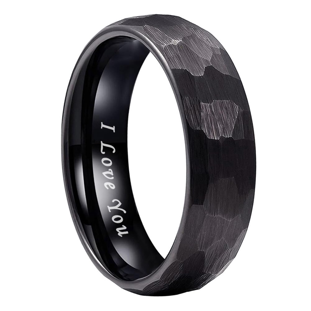 TUTISS 6mm Black Hammered Tungsten Carbide Rings for Men Women Engagement Wedding Bands Domed I Love You Engraved Comfort Fit Size 6