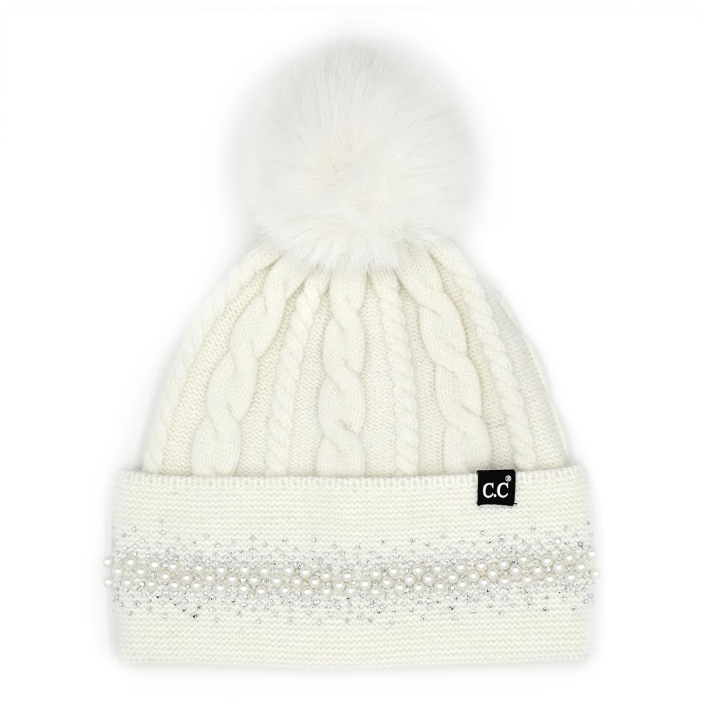 C.C Pearl Rhinestone Embellishment Beanie with Fur Pom for Women - Wool Stretchable Soft Warm with Faux Fur Pom Knit Winter Skully Hat