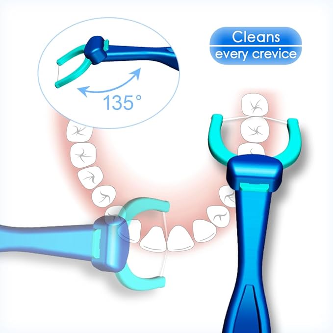 T.Smile NoFuss Dental Flosser Kit, 5-inch Long Handle & Refill Heads, Extra-Strength Floss for Comfortable Clean, Fluoride Free, (1 Blue Handle + 100 Extra-Strength Floss Refills)