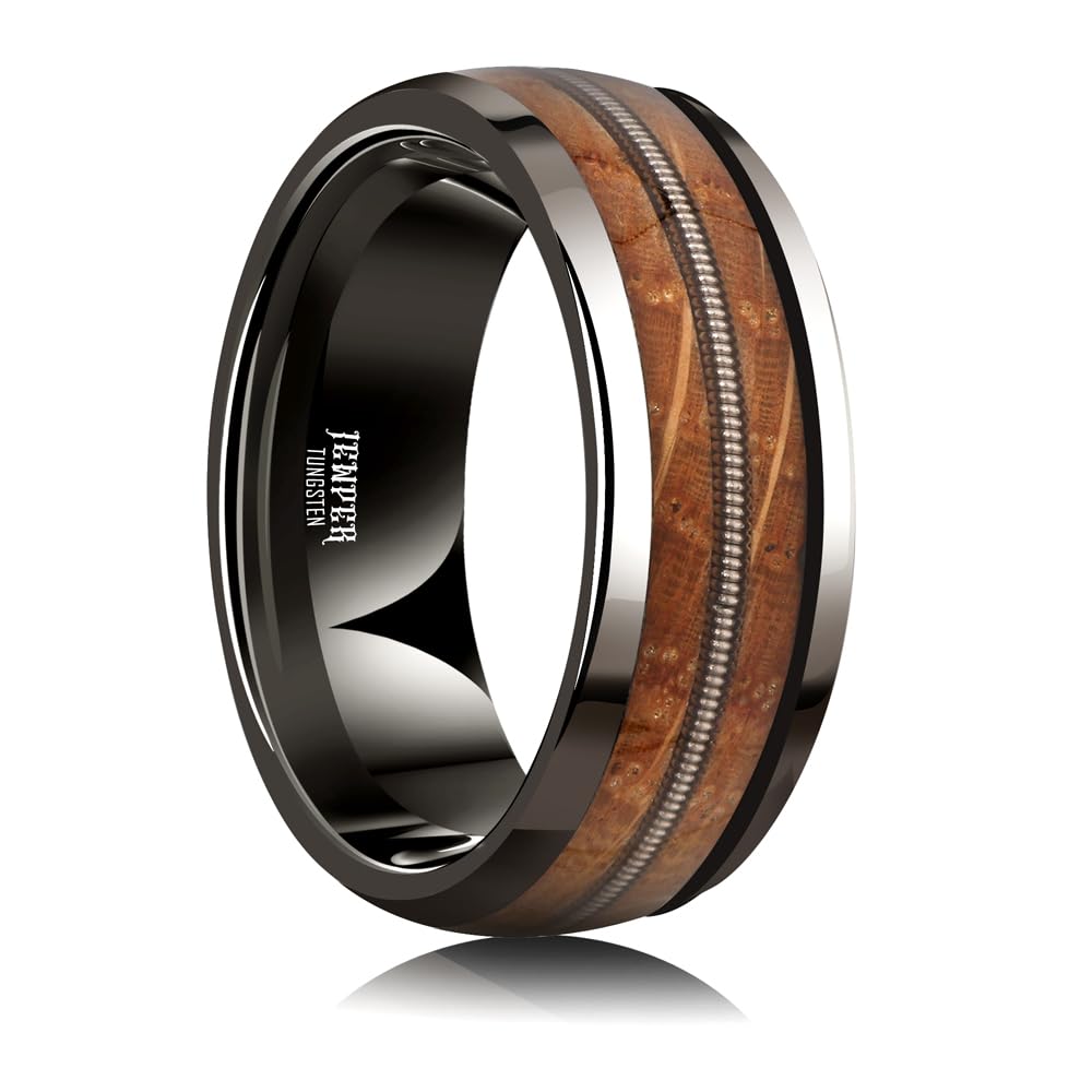 JEWPER 8mm Men Womens Wedding Band Tungsten Rings dark gun black Fashion Promise Carbide Inlaid Guitar Strings whiskey barrel wood Matte Finish Edge Comfort Fit Size(12)