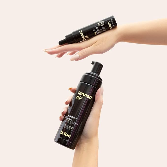 b.tan Dark Self Tanner Mousse | Get Tanned - Best, 1 Hour Express Sunless Tanning Foam, No Fake Tan Smell, Ultra Dark Bronzing Glow, Face & Body, Vegan, Cruelty Free, 6.7 Fl Oz
