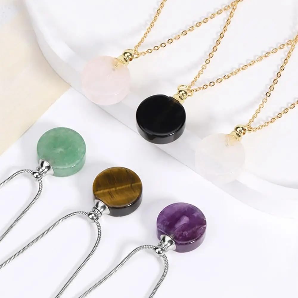 925 Sterling Silver Essential Oil Necklace For Women And Men, 14K Gold Filled Natural Stone Round Perfume Bottle Necklace, Essentials Oil Diffuser Vial Necklace (4 - Essential Oil Necklace)