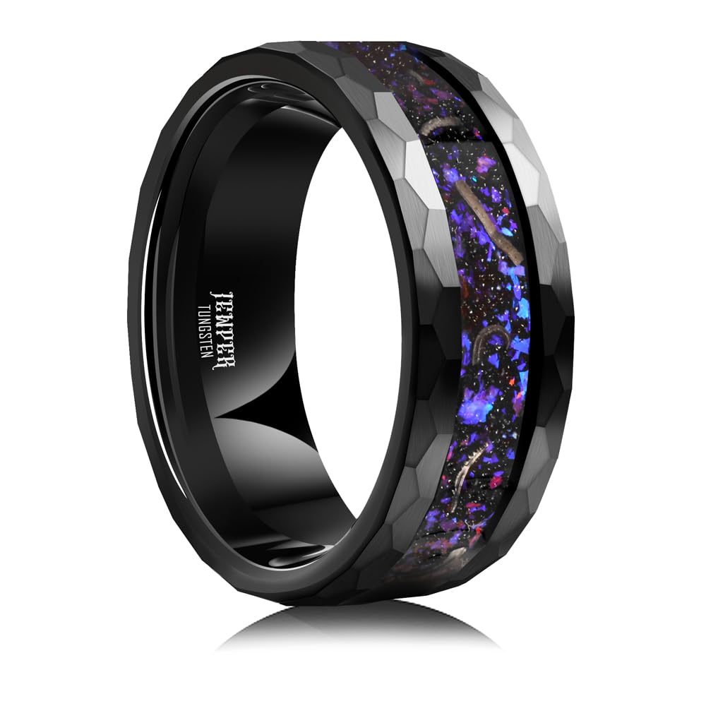 JEWPER 8mm Men Womens Wedding Band Tungsten Rings Black Blue Hammer pattern Fashion Promise Carbide Inlaid Milky Way Foil Iron Filings Matte Finish Edge Comfort Fit Size(10)