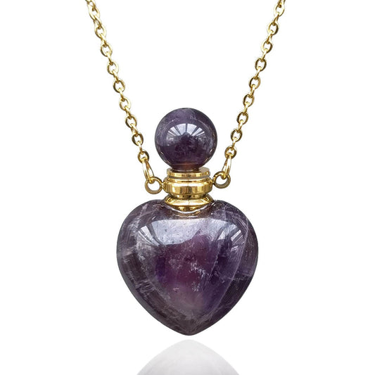 Ladywowu Perfume Bottle Necklace Heart Shape, Amethyst Necklace Healing Crystal for Women, Essential Oil Diffuser Bottle Necklace Jewelry, Gemstone Heart Vial Necklaces for Liquid (Amethyst)
