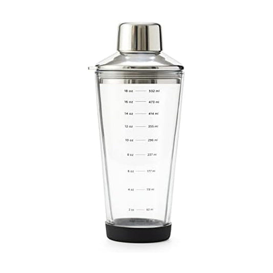 Rabbit 18 oz Glass Cocktail Shaker with Printed Measurements, Multi-Use Stainless Steel Topper with 1.5 oz Jigger Cap and Strainer, 3.94 x 3.54 x 9.06 IN
