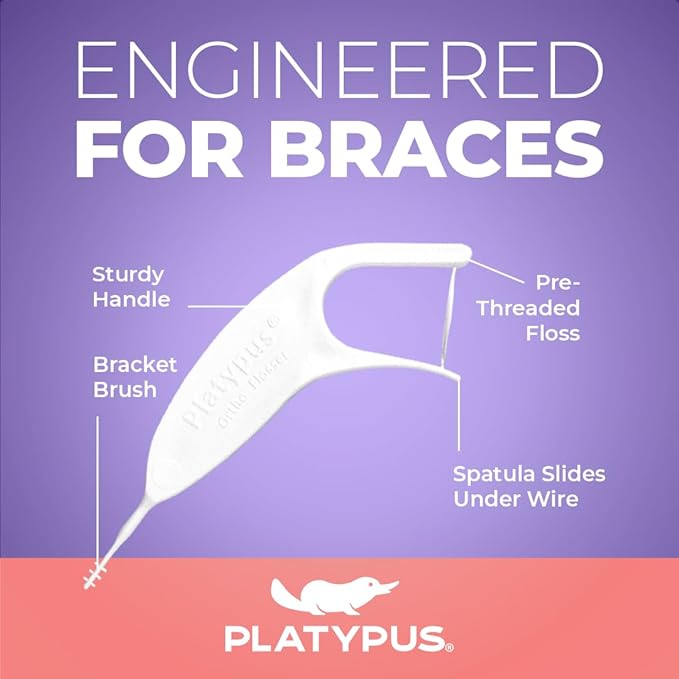 Platypus Orthodontic Flossers for Braces, 30 Count (Pack of 4), Ortho Picks for Adults & Kids, Fits Under Arch Wire, Non-Damaging, Encourage Flossing Habits