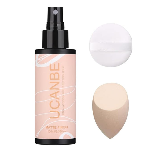Long Lasting Makeup Setting Spray Kit - 3.38 Fl oz Super Matte Finish Setting Mist Lightweight Face Make up Fixer for Oily Skin + 1PC Sponge Puff + 1PC Powder Puff