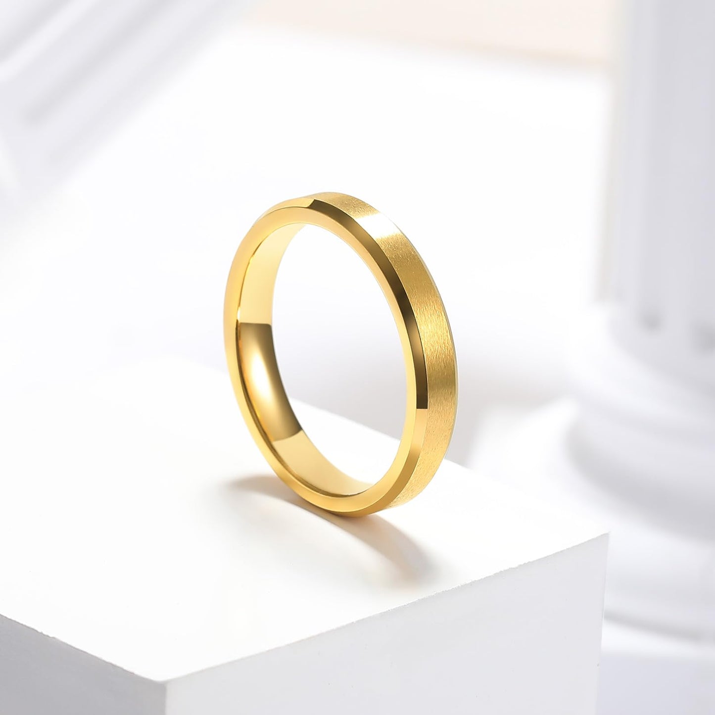 King Will 4mm Gold Tungsten Wedding Band Basic Wedding Ring For Men with Brushed Matte Surface Beveled Polished Edge Comfort Fit 9.5