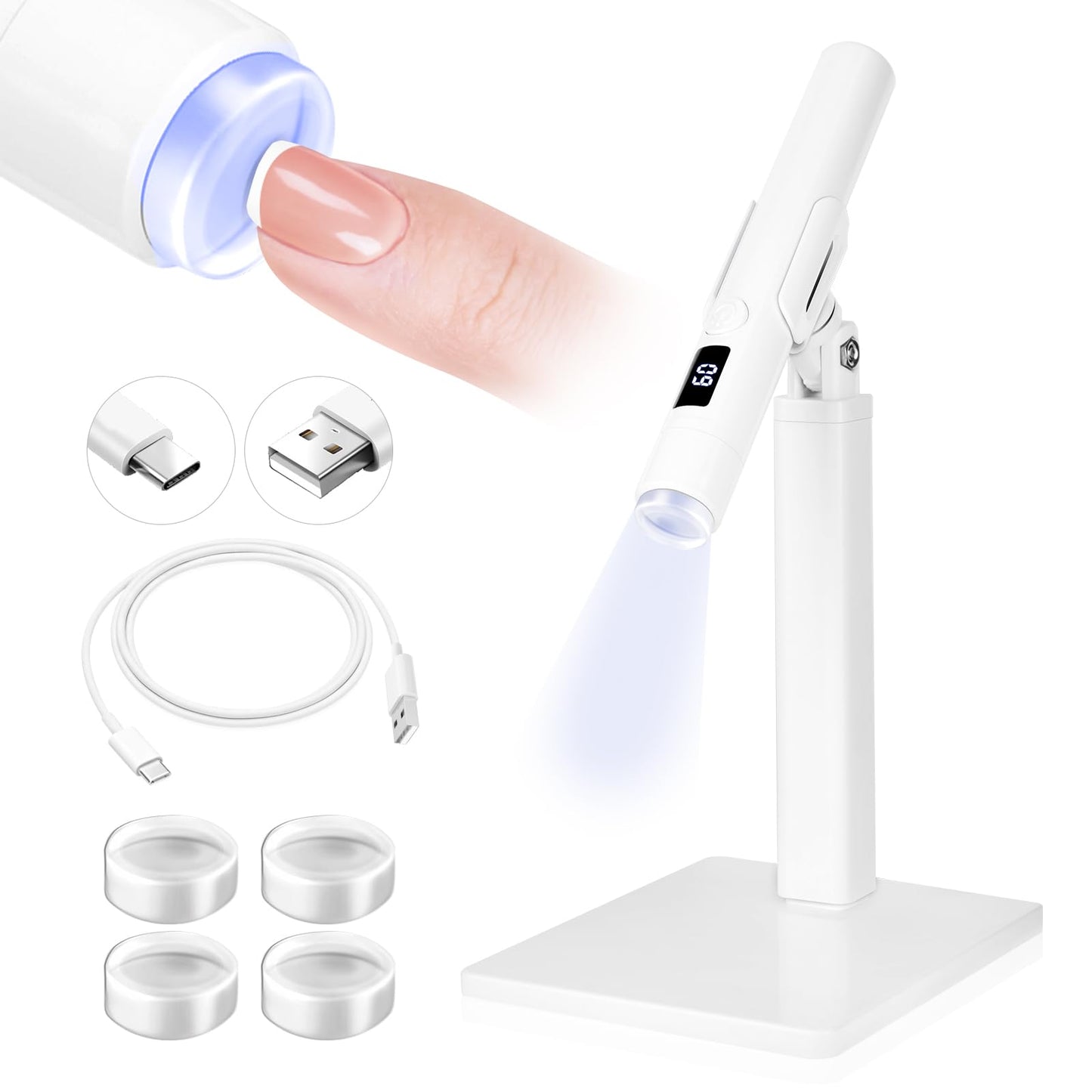 SAVILAND White 9W LED Nail Light for Gel Nails: Handheld LCD Display Screen Flash Cure Lamps with Stand for Gel Nail 8s Quick Drying Cordless Handsfree U V Light for Nails Home Manicure Nail Dryer