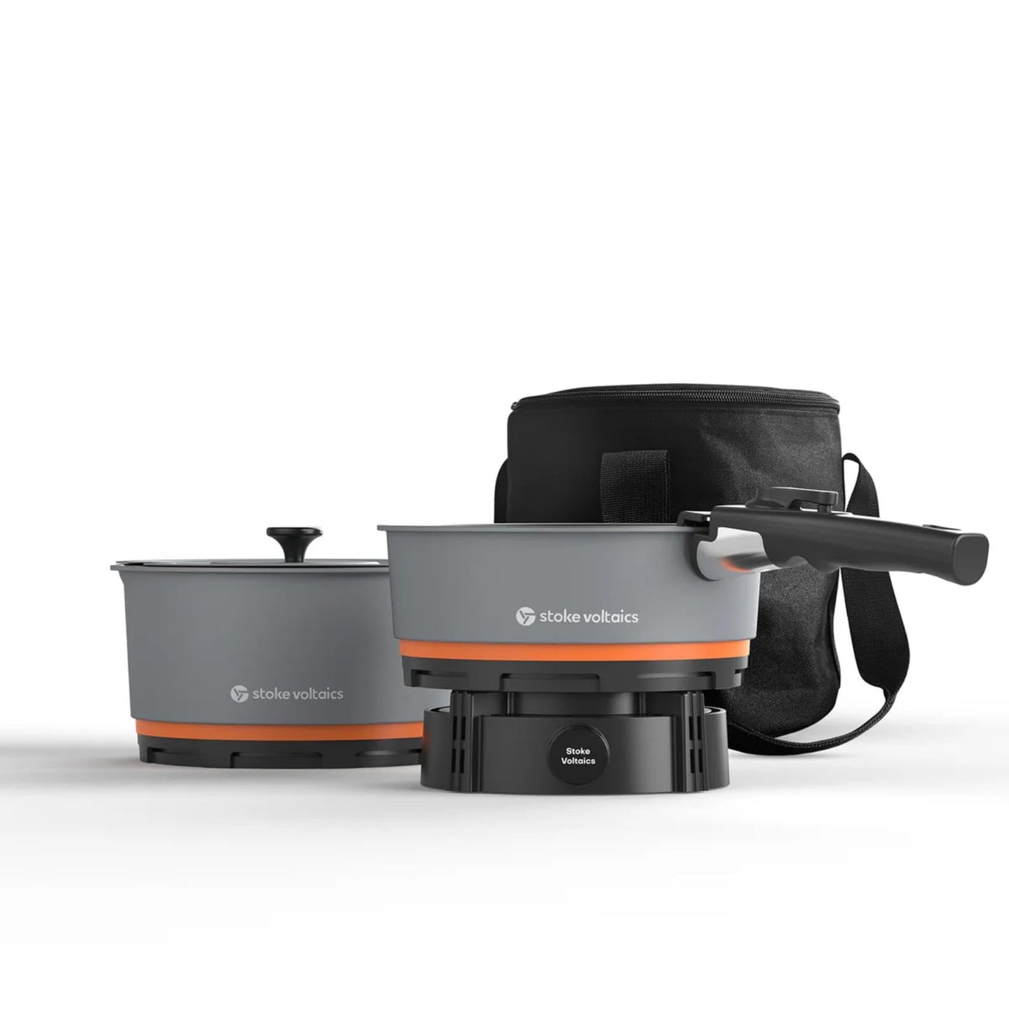 Stoke Voltaics Nomad Cooking System with Bag, Electric Camping Stove 200-1000W with Pan & Pot, 120V Portable Outdoor Cooking Gear Set, Windproof Cookware for RV, EV, Overland, Vanlife, Car Camping