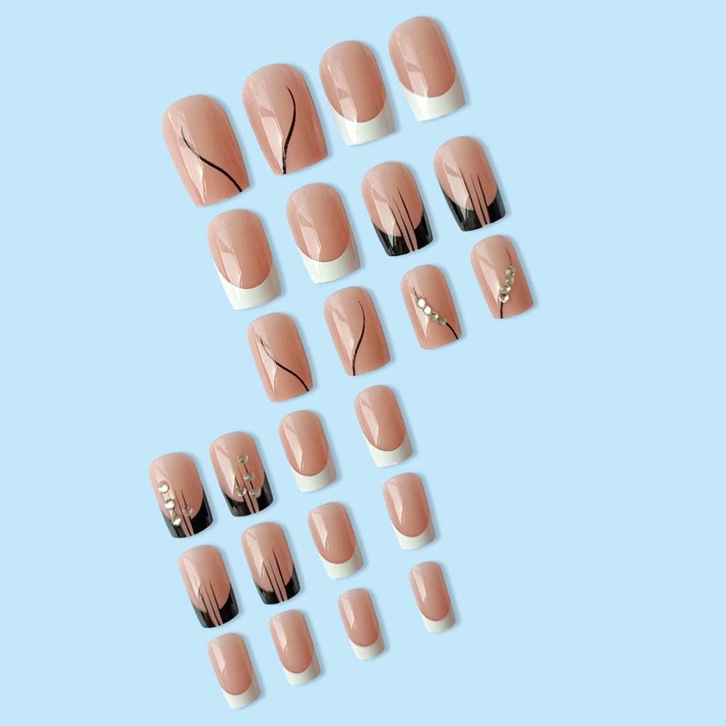 RikView French Tip Press on Nails Medium Acrylic Nails White Nails Black Stick on Nails with Rhinestones Coffin Fake Nails
