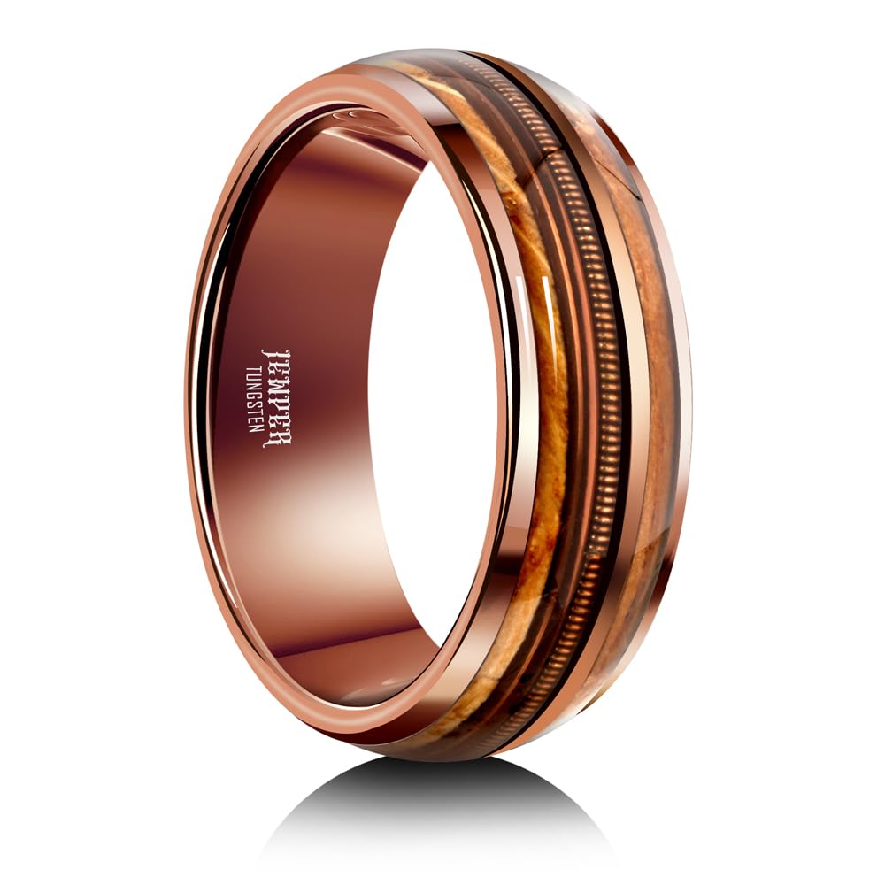 JEWPER 8mm Men Womens Wedding Band Tungsten Rings Brown Fashion Promise Carbide Inlaid Guitar Strings Whiskey Barrel Wood Matte Finish Edge Comfort Fit size 7-12(9)