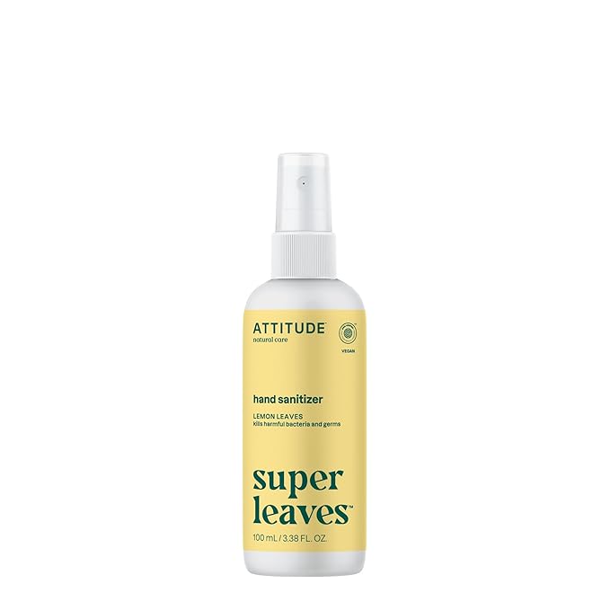 ATTITUDE Hand Sanitizer Spray, EWG Verified, Kills Germs & Bacteria, Vegan & Plant-Based, Safe for Adults & Kids, Lemon Leaves Scent, 3.38 Fl Oz (Spray Bottle)