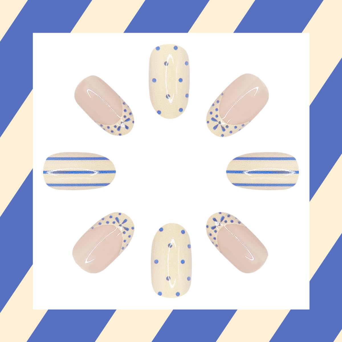 24 Pcs Blue French Tip Press on Nails Short Oval WLGDLH Summer Fake Nails, Creamy White False Nails Press ons with Striped Polka Dots Design, Nude Base Glue on Nails for Women Manicure, Glossy Finish