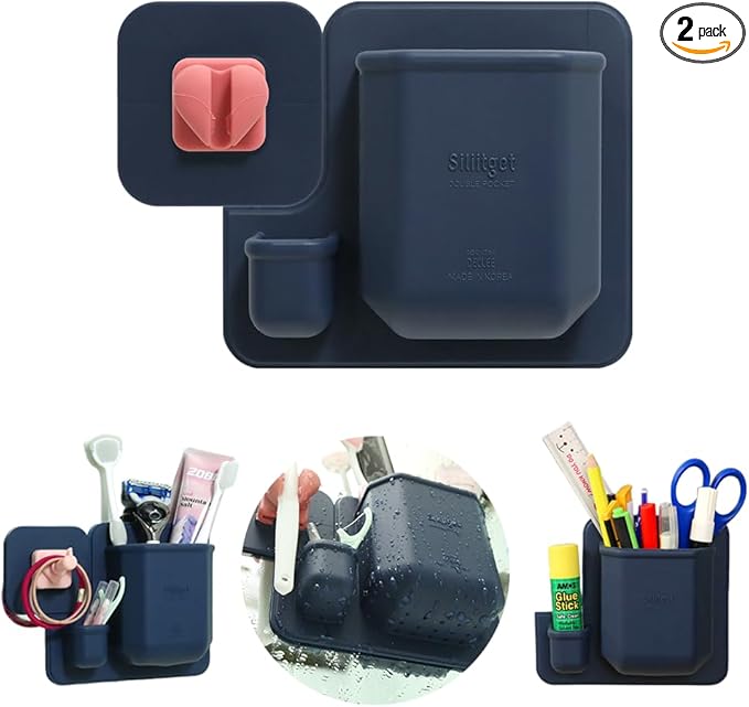 Silicone Wall Mounted Organizer - Made in Korea, BPA Free - Storage with Hook - Bathroom and Living Room, Remote Control & Shower Caddy (Heart Single(Navy), Poket Holder(Navy))