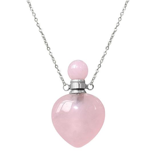 Ladywowu Rose Quartz Necklace, Heart Shape Perfume Bottle Necklace for essential oil, Silver Tone Vial Necklace for Aromatherapy Liquid