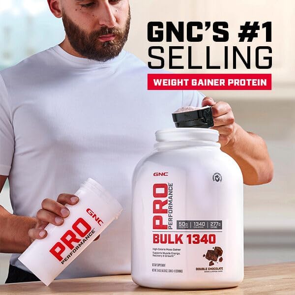 GNC Pro Performance Bulk 1340 Mass Gainer Protein Powder, 50g, Gluten Free, Whey, Creatine, BCAA, 3rd Party Tested, Muscle Recovery & Growth, Micronutrients, Double Chocolate, 9 Servings