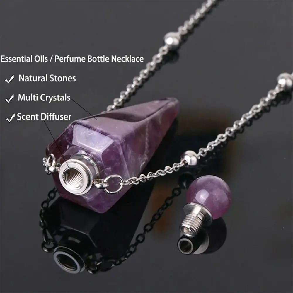 925 Sterling Silver Essential Oil Necklace For Women And Men, Natural Crystal Stone Cone Shape Pendant Necklace Healing Perfume Bottle Necklace Essential Oil Pendant Necklace (7 - Essential Oil Necklace)