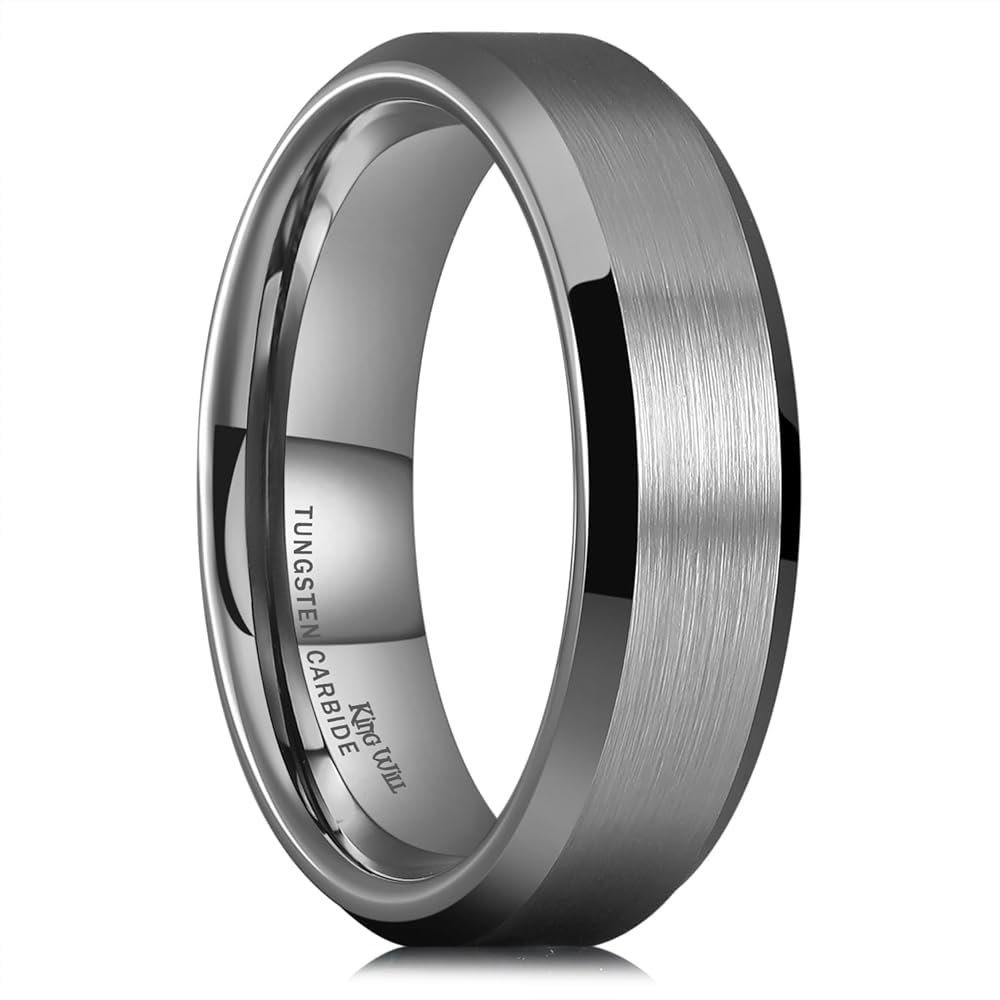 King Will 6mm Men's Gunmetal Gray Wedding Ring - Brushed Matte Surface, Beveled Polished Edge, Comfort Fit Size 7